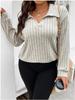 2025 Autumn/Winter Women's Plus Size V-Neck Ribbed Brushed Long Sleeve Top