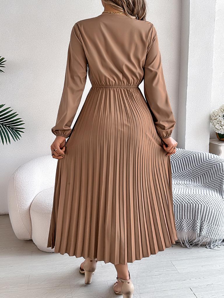 Dames Elegante Europese Stijl V-hals Kant Hoge Taille Lange Mouwen Geplooide Maxi Jurk