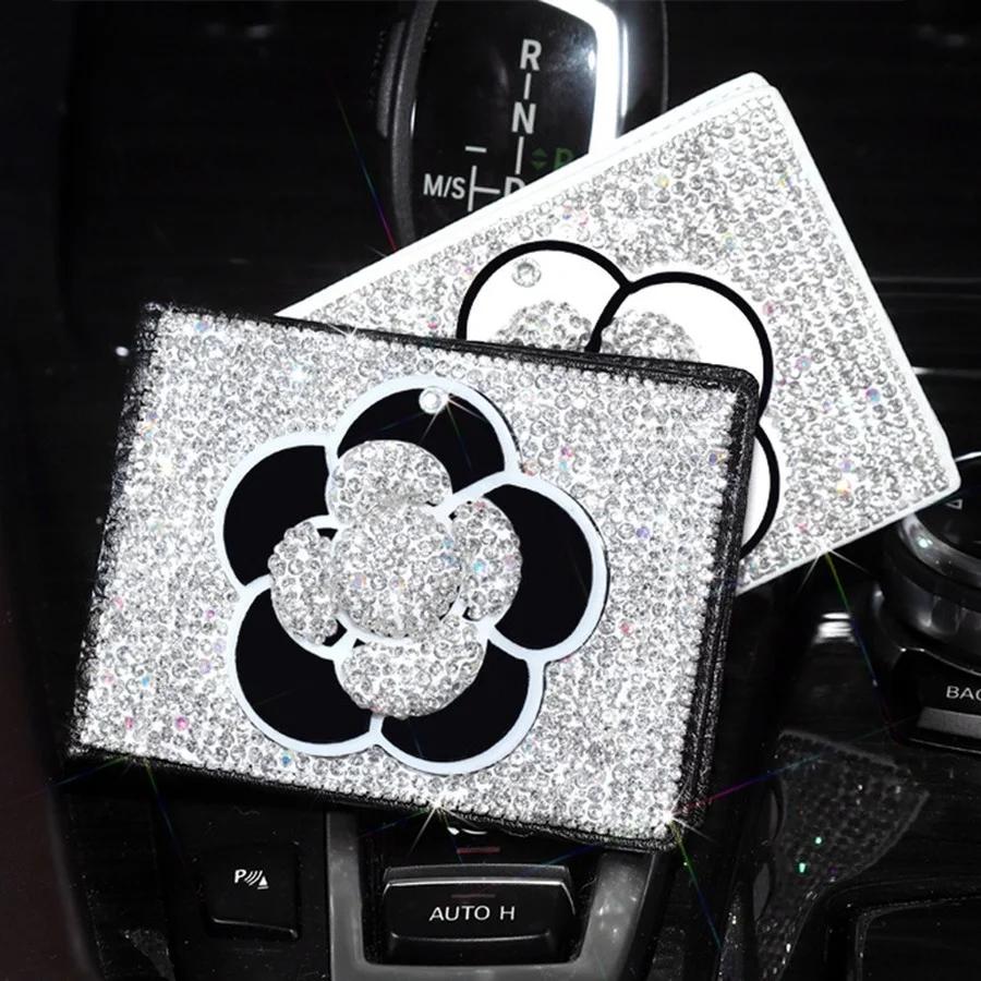 Luxury Crystal Camellia Car Key Case Shiny Keychain Holder  Bag Case Bling Car Accessories Interior for Woman Girls