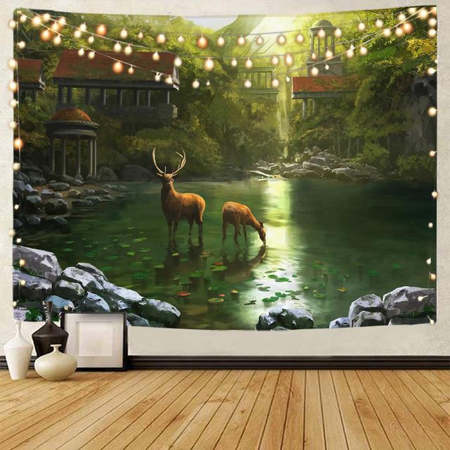 Dream Elk Scenery Decorative Tapestry Wood Elk Scenery Decorative Tapestry Bohemian Home Decorative Tapestry