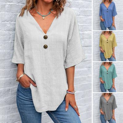 Women Summer Tops V-Neck Half Sleeve Casual Solid Color Tee Shirt Buttons Decor Loose Fit Mid-length Blouse