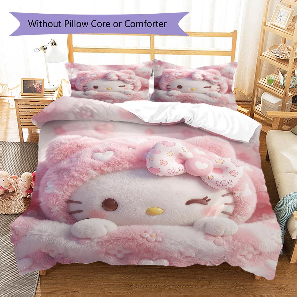 Hello Kitty Pink Pattern Bedding,Quilt Set Quilt Cover Pillowcase Home Birthday Gift(1 * duvet cover + 2 * pillowcase, without core)