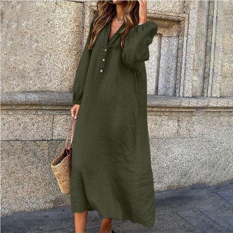 Versatile V-Neck Midi Dress: Cotton Linen, Long-Sleeve, Plus Size, Loose Fit