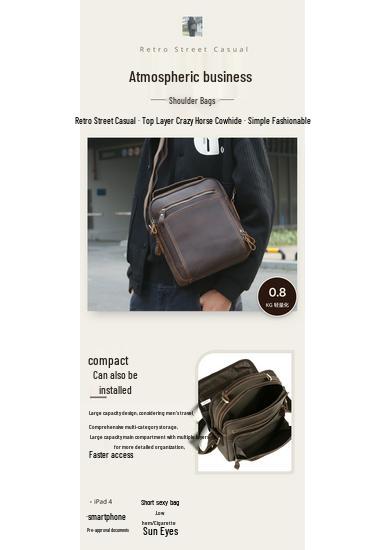 Men's Genuine Leather Crossbody Bag - High-End, Multi-Functional, Single Shoulder, Casual Crazy Horse Cowhide for Commuting
