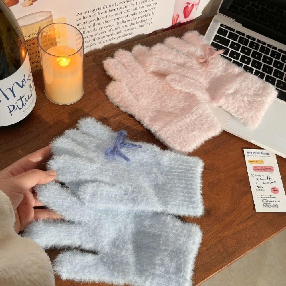 Winddichte Warme Fäustlinge Milchblau Milchpulver Herbst Winter Handschuhe Niedliche Plüsch Strickhandschuhe Damen
