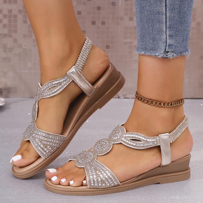 Fashion Bohemia Glitter T-Tied Sandals Women 2025 Summer National Bead Decoration Wedge Heels Shoes Comfortable Light Weight Sandals