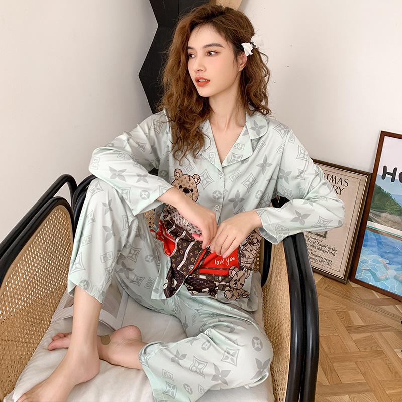 Luggage Bear Luxury Autumn Long Sleeved Ice Silk Pajamas Women's Two Piece Printed Home Set High Quality Elegant Nightgown