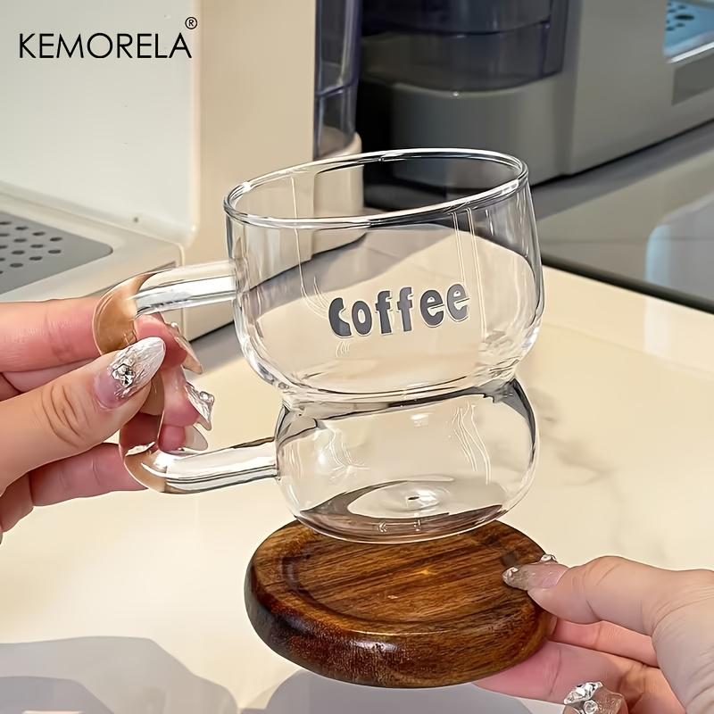 1/2PCS Transparent Coffee Mug With Wooden Coaster And Heat-Resistant Wooden Handle, Suitable For Family Iced Americano And Juice