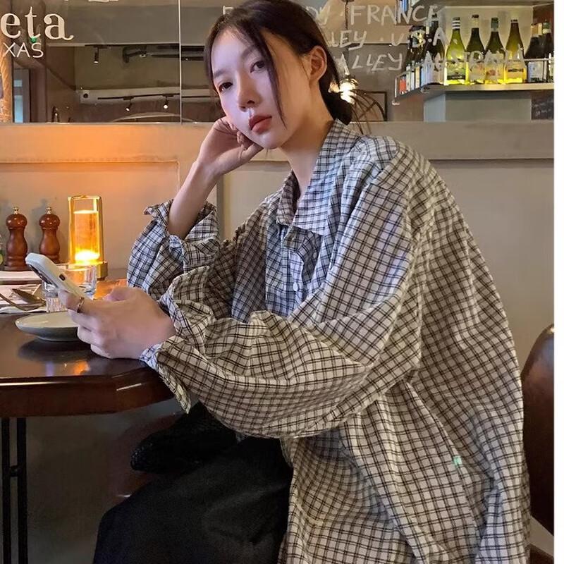 ICH MODE Plaid Collector Korean Style Retro Long Sleeve Shirt