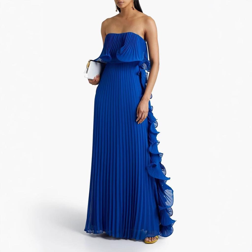 Ein Schulter Volant Abendkleid Langes Kleid Petrol Plissiertes Formelles Kleid