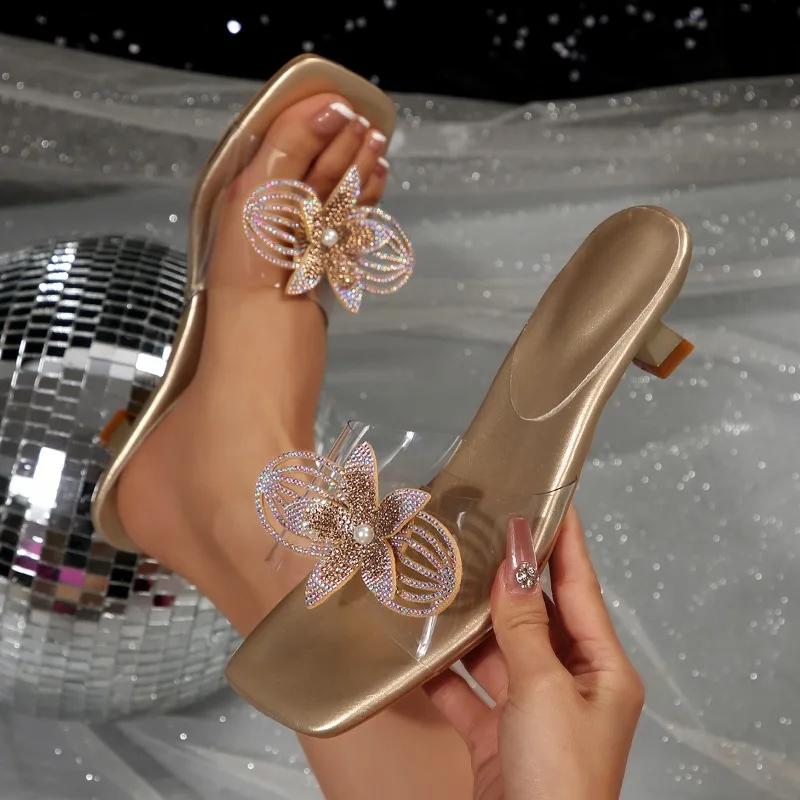 Fashion Fashion Square Toe Open Crystal Clear High Heel Slippers Fairy Summer New Toe Rhinestone Flower Stiletto Sandals