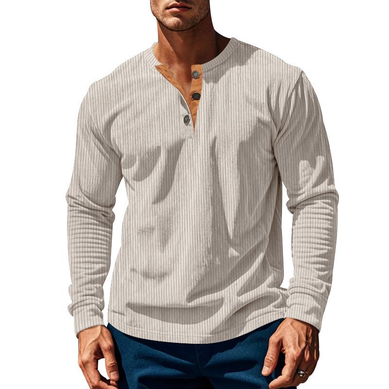 Neues Herren T-Shirt Langarm Basis Vier Knopf Cord Slim Herrenhemd