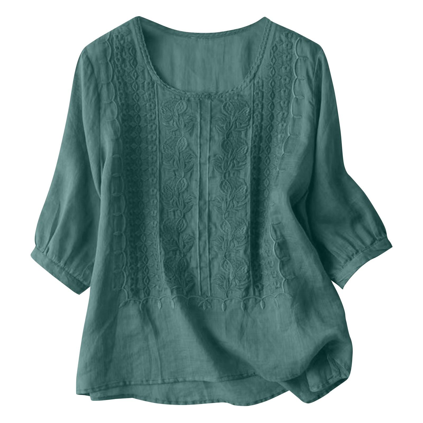 

Женская однотонная хлопковая и льняная футболка с короткими рукавами и вышивкой в стиле ретро, дышащая, с круглым вырезом L синий