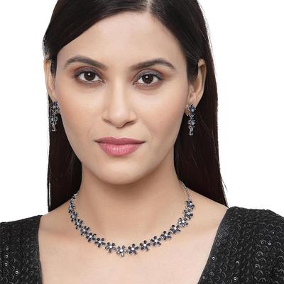 Rhodium Plated Silver Toned White American Diamond Studded Flower Shaped Jewellery Set For Girls and Women