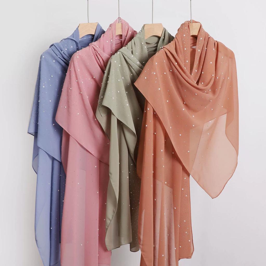 Diamond Pearl Chiffon Hijabs For Women Muslim Fashion Long Shawl Head Wrap For Women Turbans For Women Ramadan Turban Femme