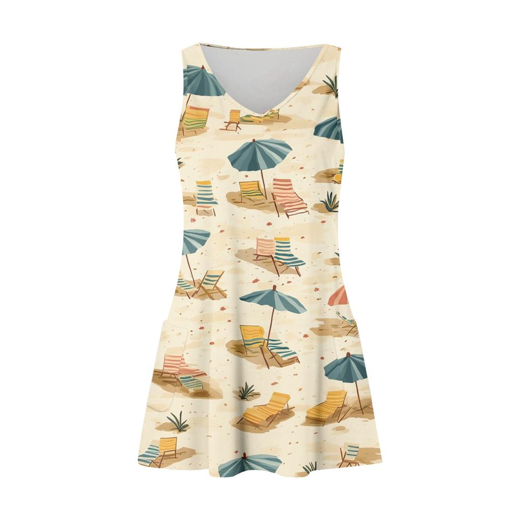 Women's Casual Fashion V-neck Sleeveless Floral Print Side Pocket Dress
