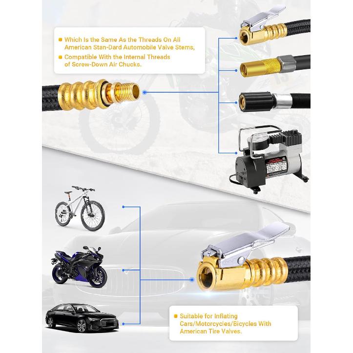 12'' Tire Inflator Extension Tube, Tire Pump Chuck Hose Adapter W/Presta Valve For Air Compressor Quick-Inflation, Clip On Air Chuck High-Pressure