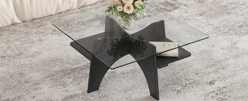 Modern Square Side Table Made of Safety Glass - 80 cm Side Length. Table Legs Made of MDF with Black Wood Look. Ideal for Dining Room, Office etc.