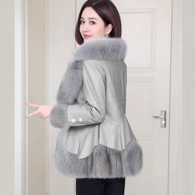 Winter Women's  Faux Fur Coats Slim V Neck Faux Fox Fur Coat Thickened PU Leather Jacket with Fur Collar