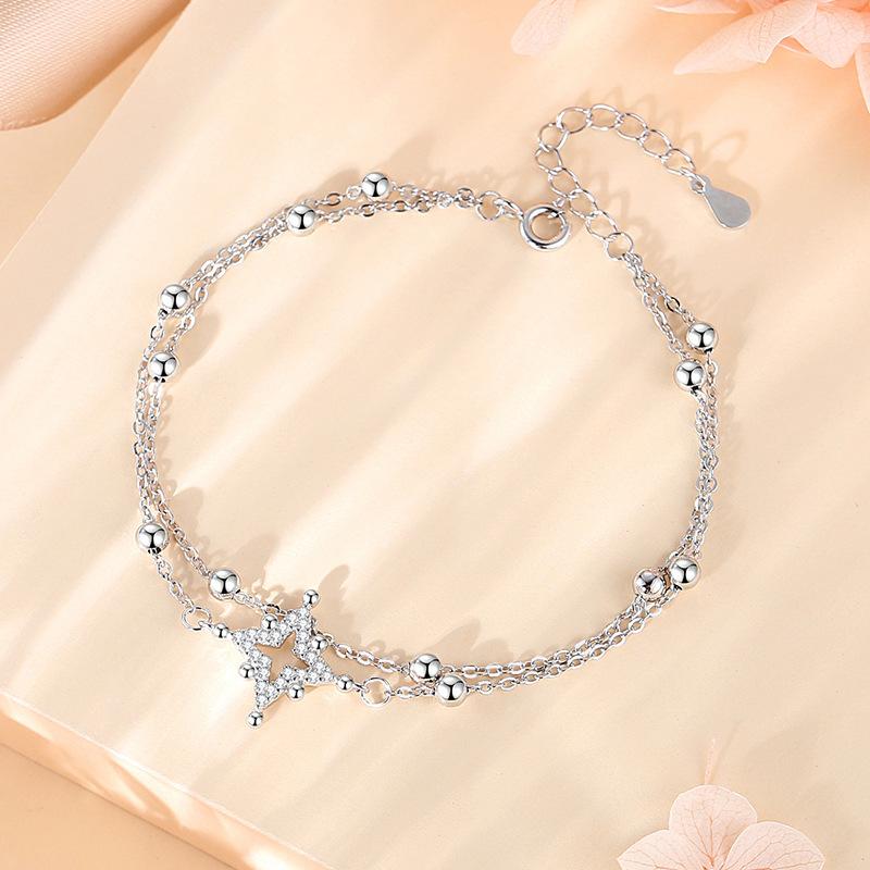Pulseira de Prata de Lei 925 para Mulheres Estilo Coreano Céu Estrelado Luxo Leve Estilo Ins Camada Dupla Pulseira Gipsofila Temperamento Fashion