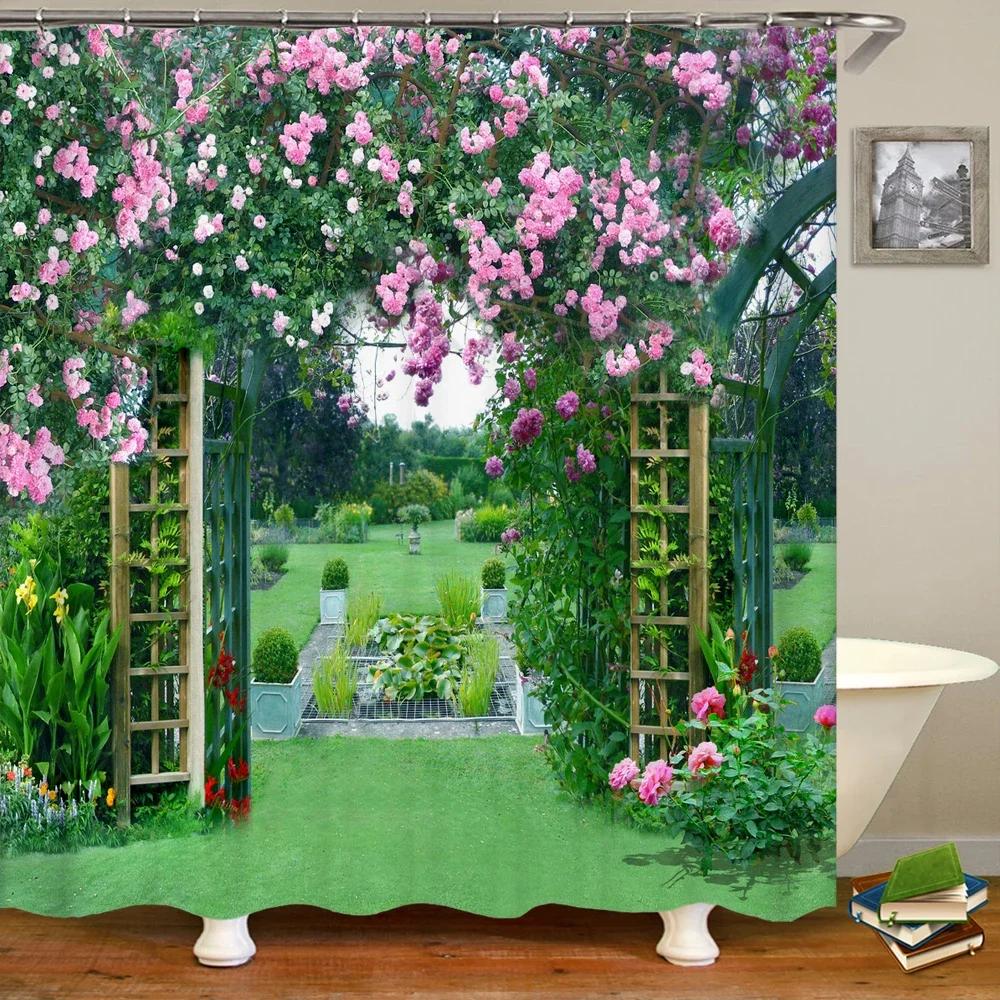 Waterproof Fabric 3D Shower Curtain Bathroom Curtain Pink Tree Landscape Polyester Bath Curtain Decorate With Hooks Cortina