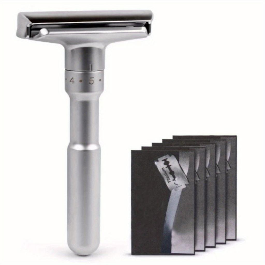 Rasoio di Sicurezza Regolabile Doppio Bordo Classico da Uomo Rasatura da Delicato ad Aggressivo 1-6 Lima Depilatore Rasoio con 5 Lame