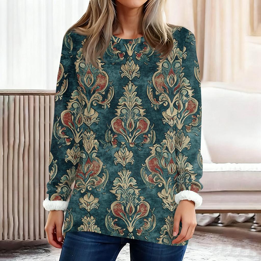 Dame Moteabel Trykket Rund Hals Langermet Plysj Varm Genser Topp