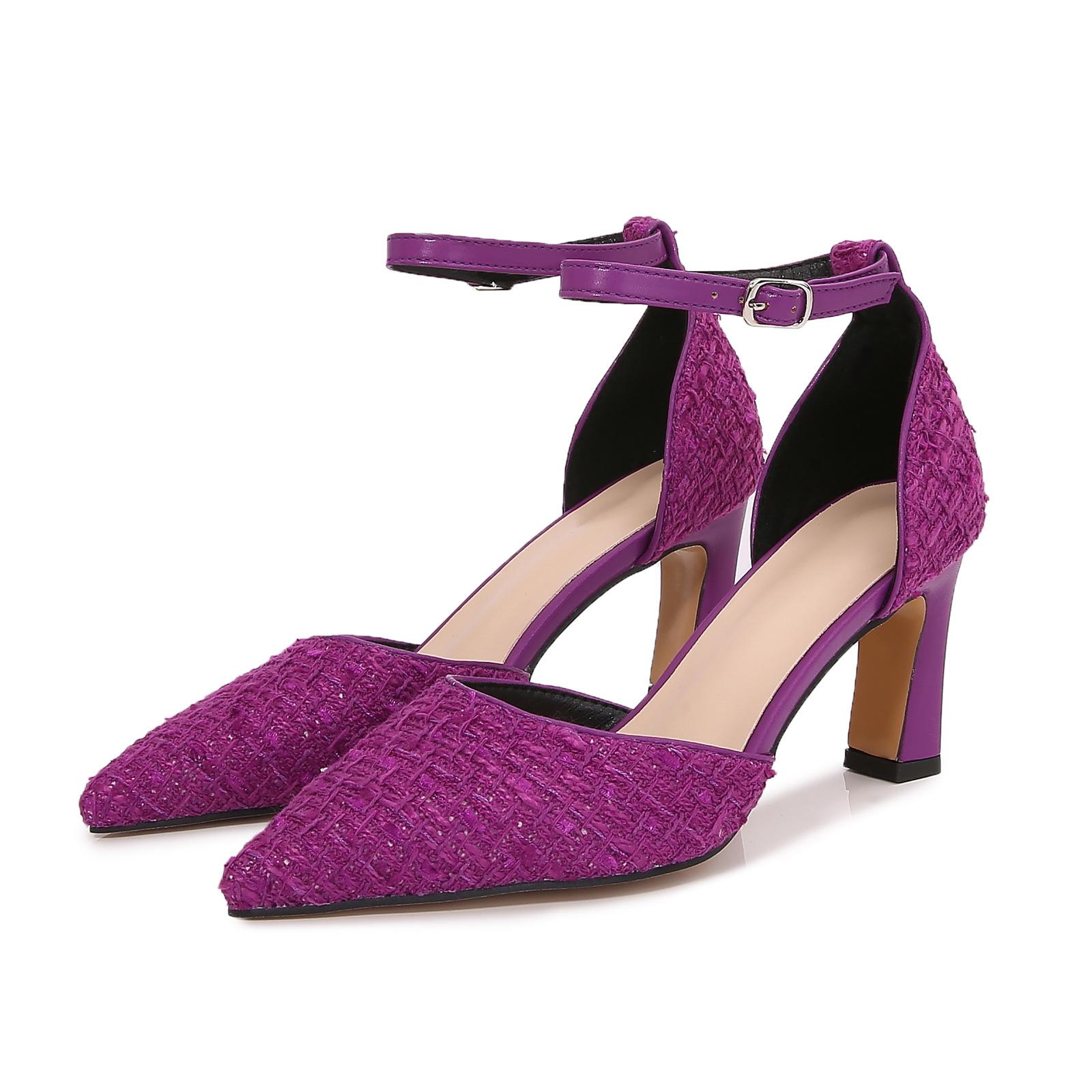 

Fashion Elegant Ladies Block Heels Tweed Cloth Sandals Ankle Strap High Heel Shoes Ladies D orsay Cut-Out Sandalias Dress Office Tacones 35 фиолетовый