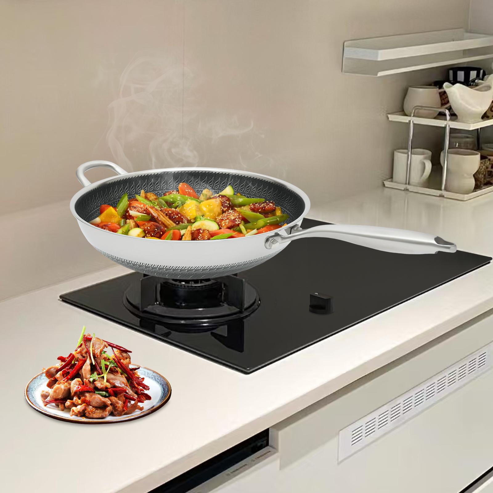 

Bymaocar 34cm Cooking Wok Stainless Steel Kitchen Frying Pan with Non-stick Coated & Glass Lid for Gas Stove & Induction Cooker