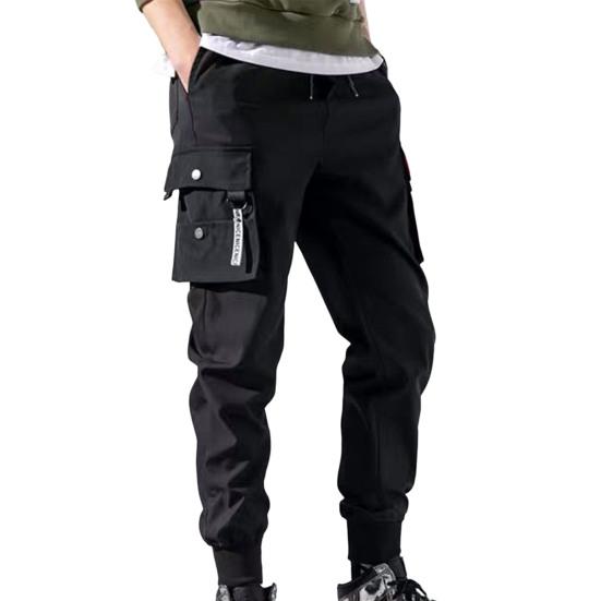 Men Pants Plush Lining Solid Color Elastic Waist Warm Multiple Pockets Cargo Pants for Daily Wear