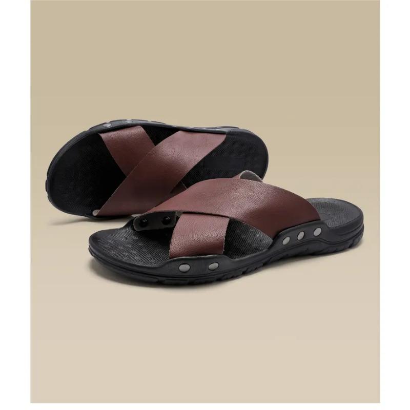 Pánské kožené nazouvací sandály s křížovým páskem Protiskluzové neformální pantofle