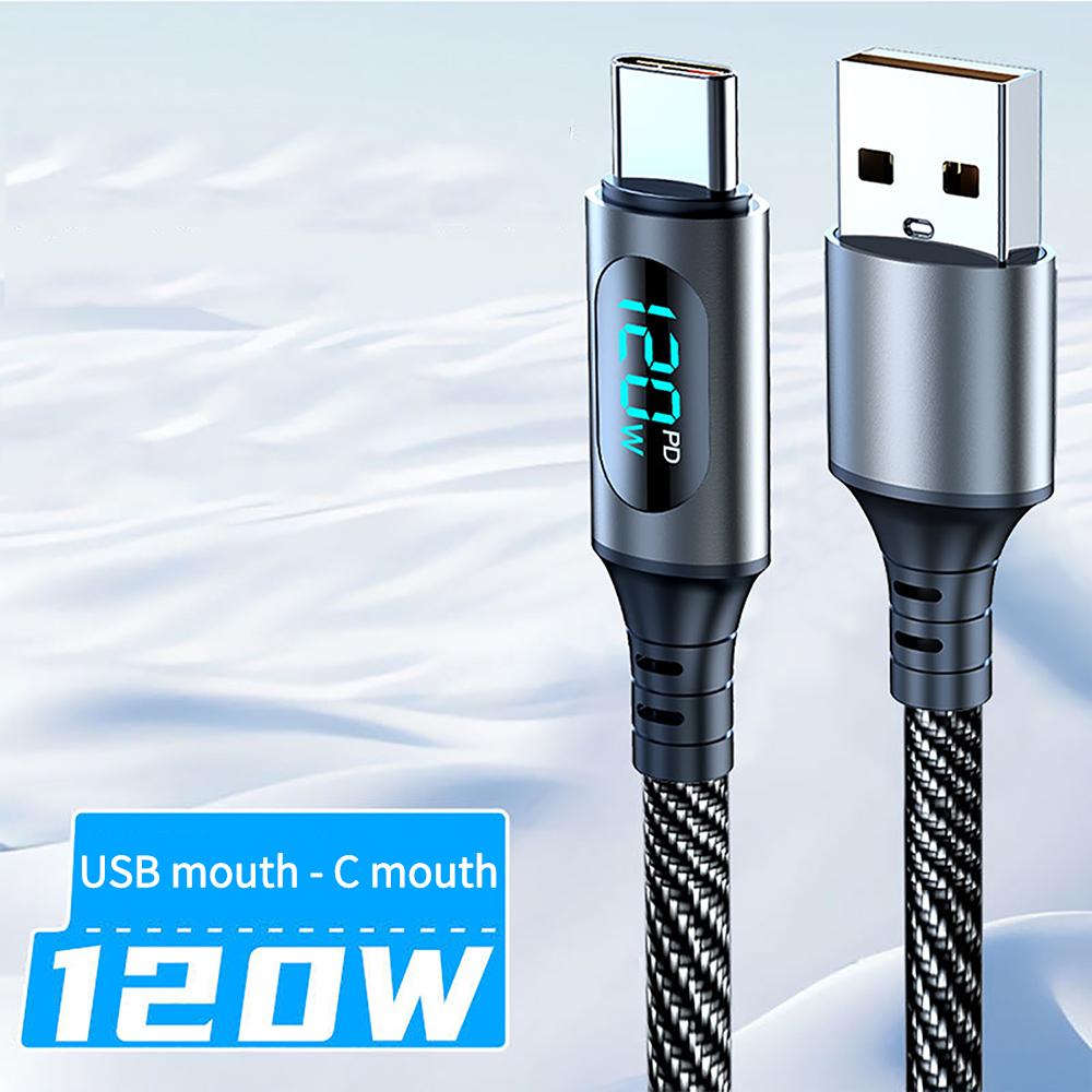 

Digital Display USB C Cable 120W USB To Type C Fast Charger Cables 6A Nylon Data Transfer Cord Wire for IPhone Samsung Laptop
