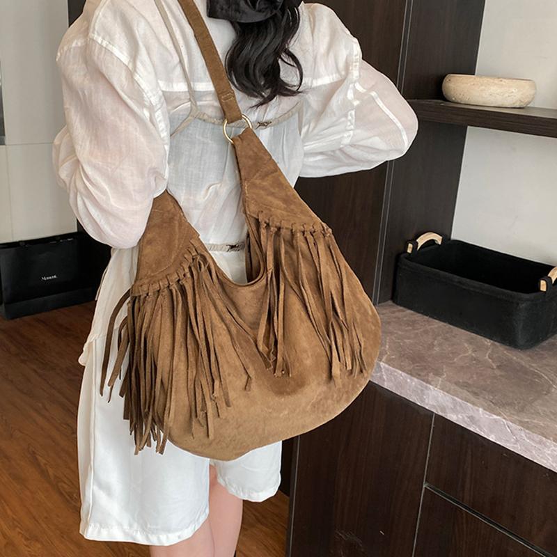 Large Capacity Frosted Tassel Shoulder Bag Faux Suede Fringe Underarm Bag Travel Tote Handbag Female Shopping Bag