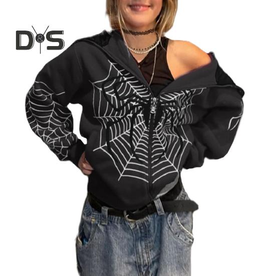 Женские толстовки с принтом паутины, куртки в стиле панк, уличная одежда, винтажное пальто на молнии с капюшоном в готическом стиле, осенне-зимняя одежда L чёрный