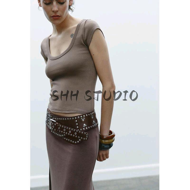 Spring New Women clothes American Style Gyaru Cotton Blended round Neck Super Short sleeve Basic Top 4174320