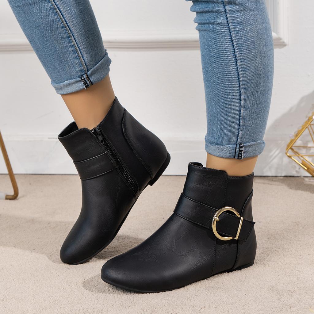 Metal buckle side zipper bare boots fashionable comfortable simple versatile business party vacation women's short boots