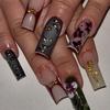 24Pcs Long Square Press On Nails Leopard Print French 3D Cherry Design False Nail Rhinestone Wearable Full Cover Fake Nails Tips