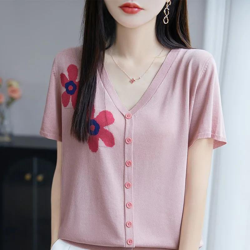 Women's Summer Fresh V-Neck Fake Cardigan Knit Top Floral Embroidered Ice Silk Short Sleeve Tee