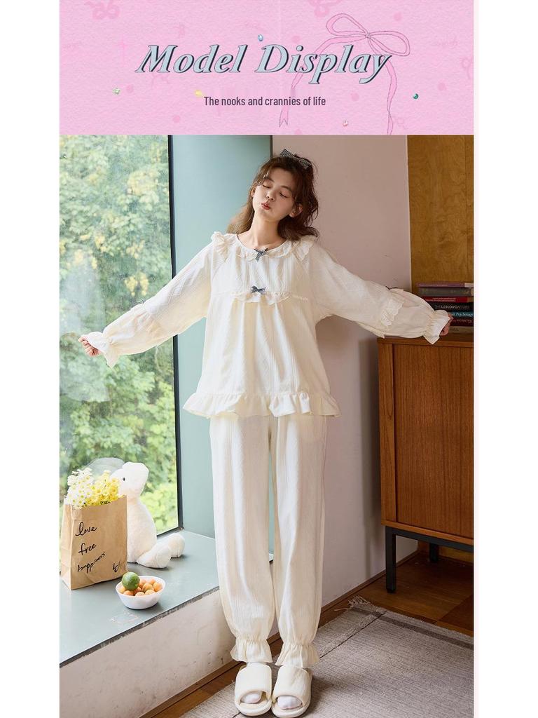 Women's French Court Style Cotton Pajama Set with Chest Pads - Long Sleeve, Long Pants for Spring & Autumn.