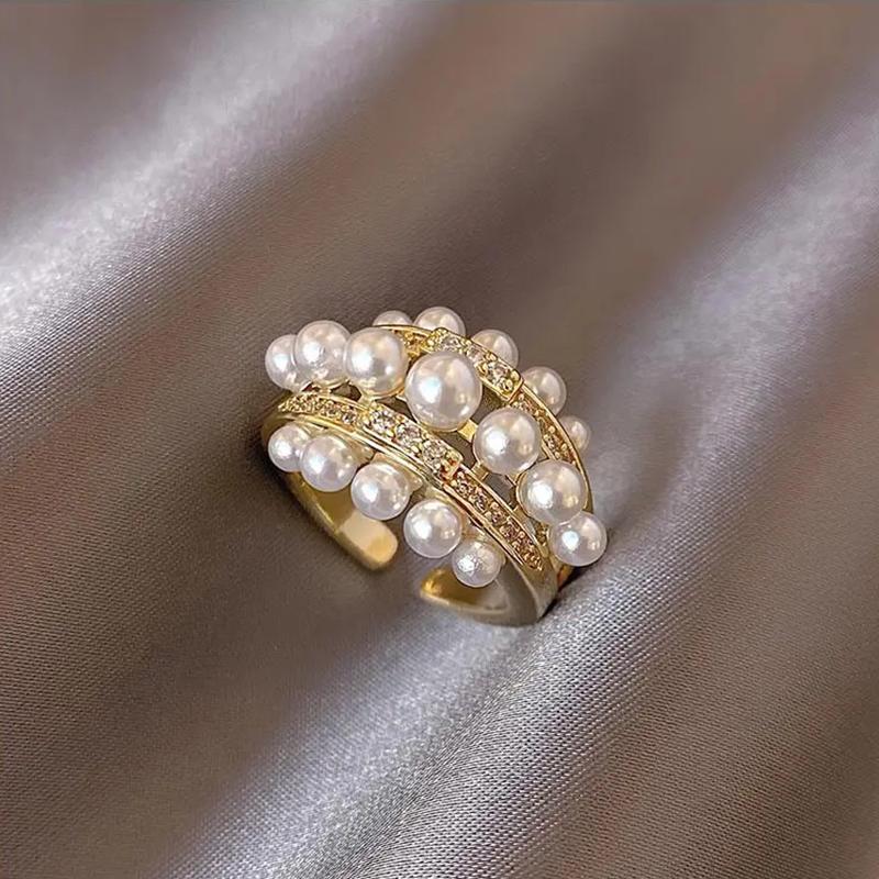 2025 New Exquisite Pearl Zircon Gold Color Open Rings Wedding Party Women's Fashion Zircon Luxury Finger Accessories for Girls