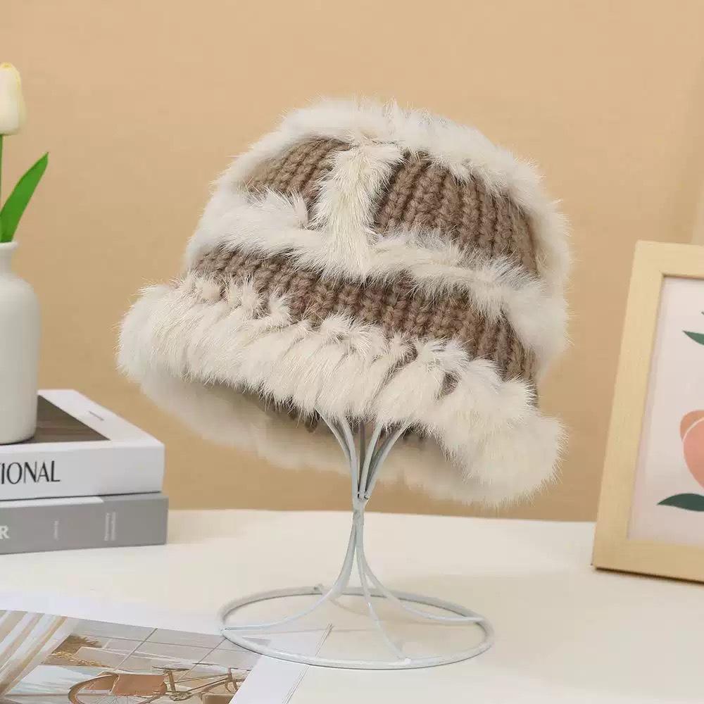 Plush Bag Head Showing Face Small Fur Bucket Hat Bag Face Knitted Hat Women'S Autumn And Winter Warm Wool Hat Cold