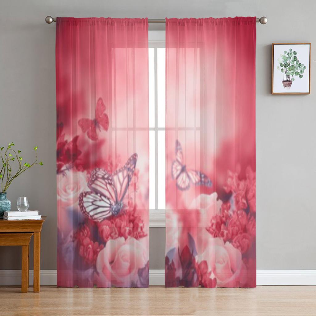 Tende Trasparenti in Tulle Rosso e Rose Gialle per Decorazione Soggiorno Tenda per la Stanza Camera da Letto Cucina Tende in Voile Organza
