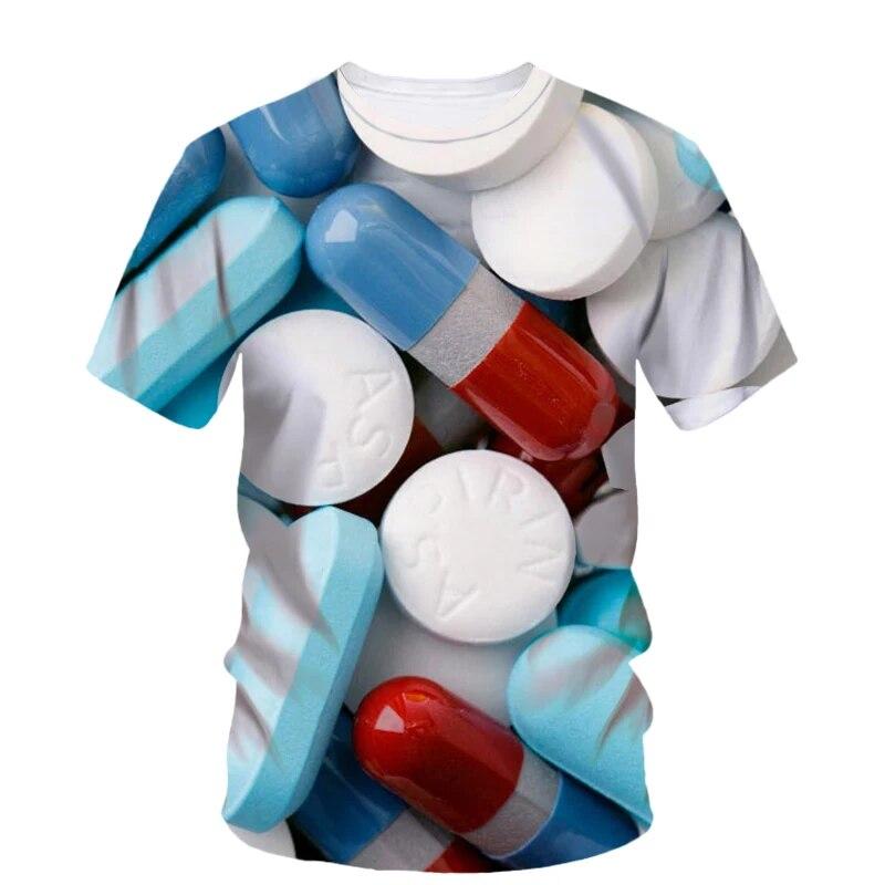 Modne nowe, oryginalność Pill Graphic T-shirty dla mężczyzn Casual Artystyczny trend osobowości Zabawne drukowane koszulki z krótkim rękawem i okrągłym dekoltem
