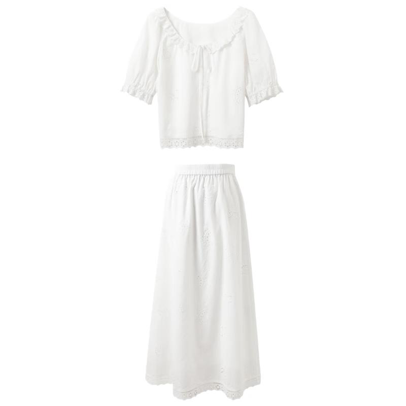 Women s 100% Cotton Embroidered Short Sleeve Top & Skirt Set L