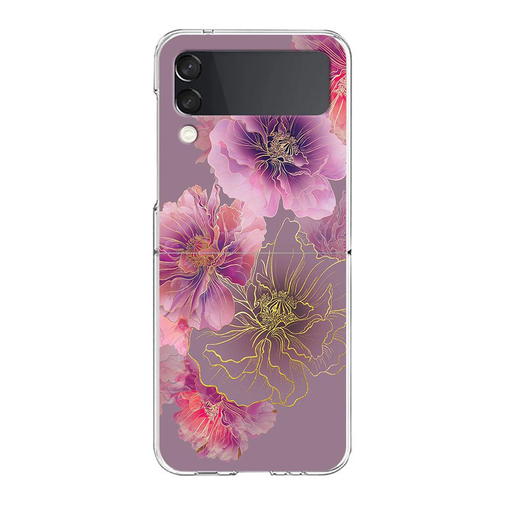 Transparent Phone Case For Samsung Galaxy Z Flip 3 4 5 6 7 Hard Folding PC Z Flip3 Flip4 Cover Ink Wash Painting Flower