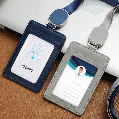 2 Card Slot Telescopic Buckle Card Holder Including Hanging Rope Genuine Leather Work Brand Badge Chest Card Sleeve