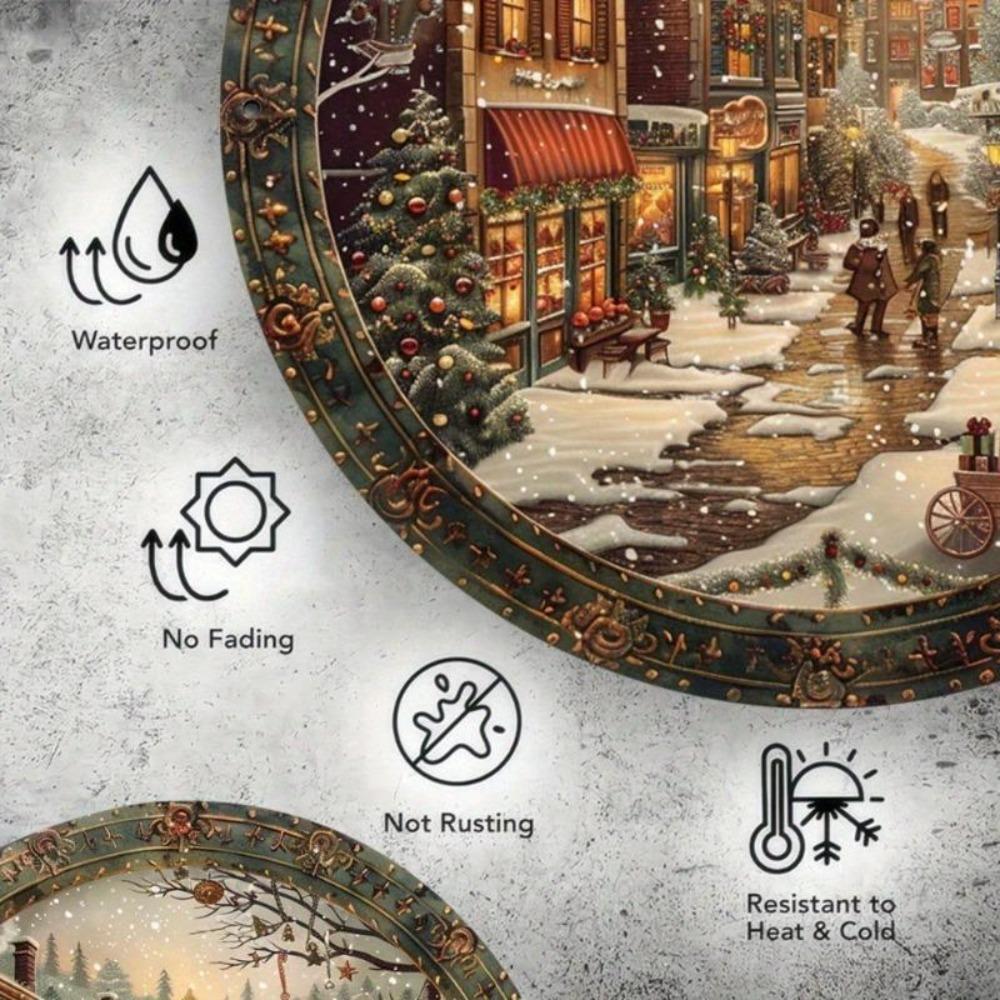 Vintage Christmas Tin Sign, Enchanted Snow Night Street Scene Metal Wall Art for Home Decor