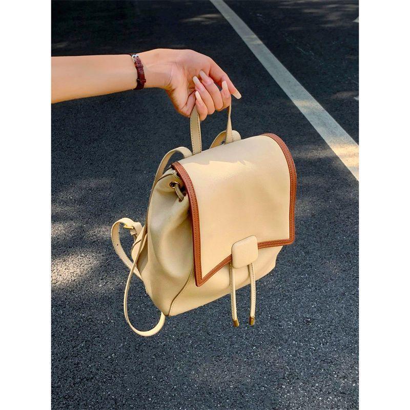 Autumn New Drawstring Fashion Backpacks for Women Casual Lady High-Capacity Double Shoulder Bags Simple Contrast Color Handbags