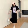 New Summer Short-sleeved Long T-shirt Women's Knee Dress Student Loose Print Ins Korean Lazy Long Dress