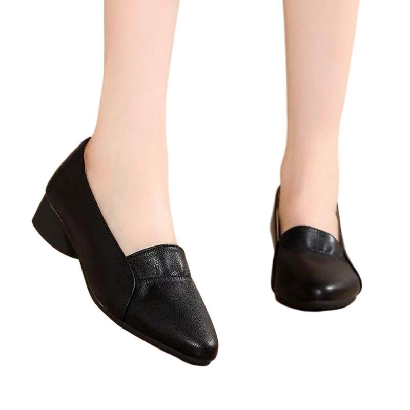 Women's Soft Leather Chunky Heel Shoes - Versatile Mom Fashion for Spring/Summer